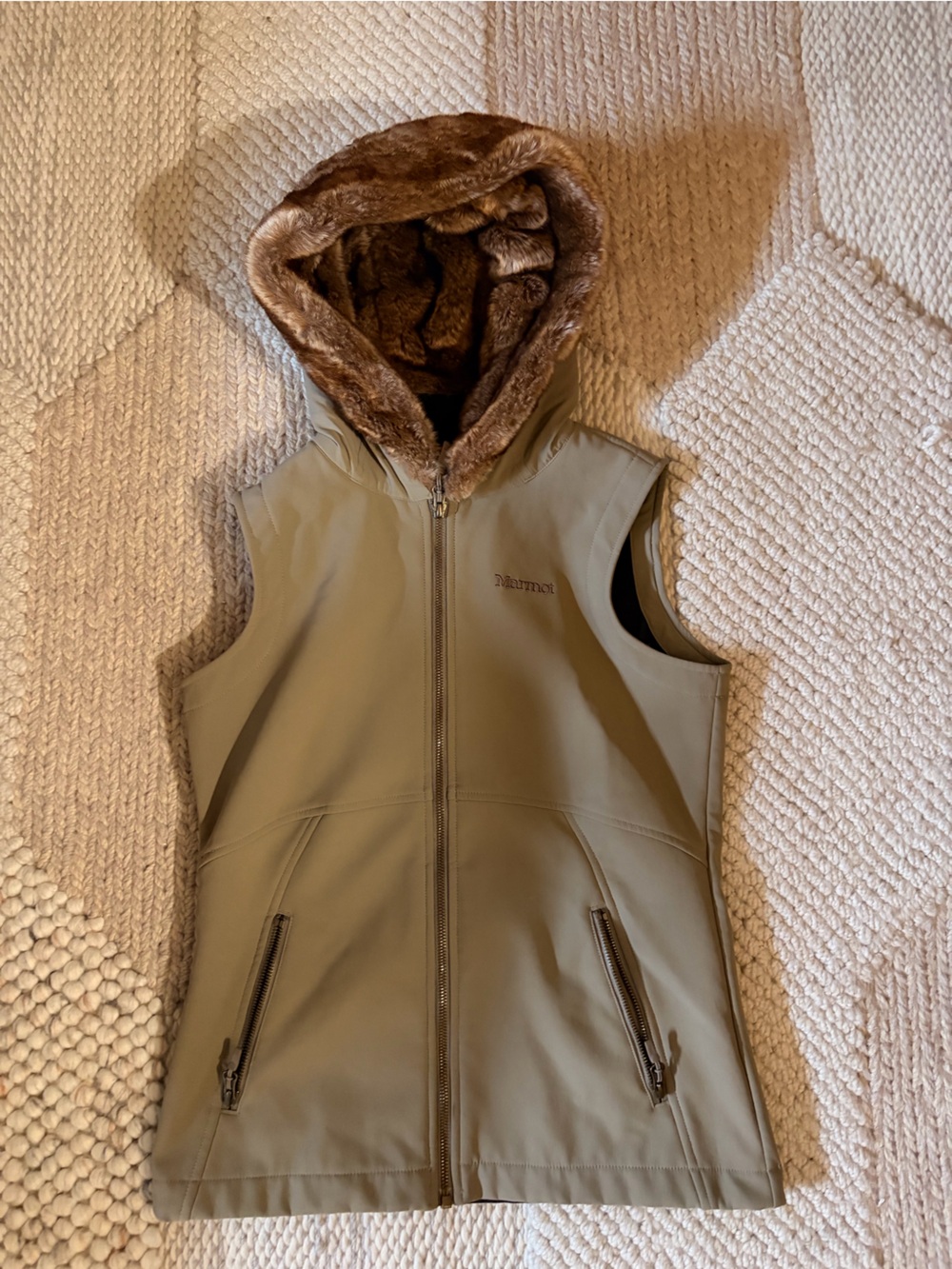 Marmot Women's Vest-Hooded Brown Faux Fur Soft Shell - Size S